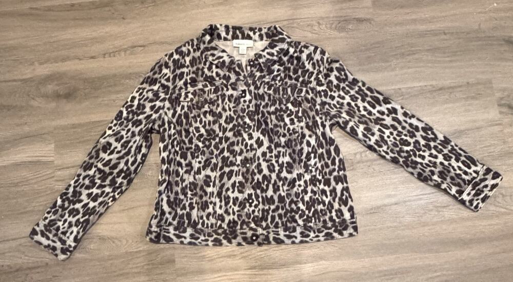 Style & Co. Women’s XL Gray Black Leopard Denim Button-Up Blazer